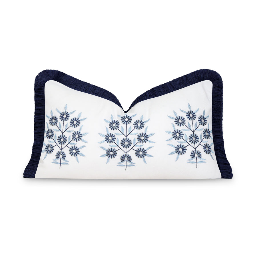 Coastal Indoor Outdoor Lumbar Pillow Cover, Embroidered Floral with Fringe, Navy Blue, 12