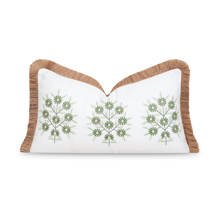 Coastal Indoor Outdoor Lumbar Pillow Cover, Embroidered Floral with Fringe, Green, 12