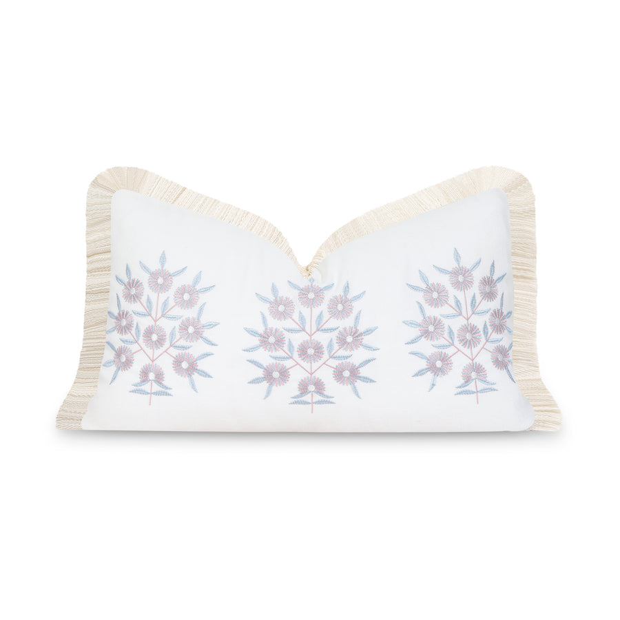 Coastal Indoor Outdoor Lumbar Pillow Cover, Embroidered Floral with Fringe, Blush Pink, 12