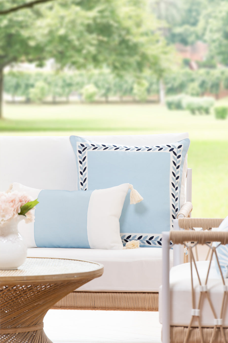 Coastal Indoor Outdoor Lumbar Pillow Cover, Color Block with Tassels, Baby Blue, 12
