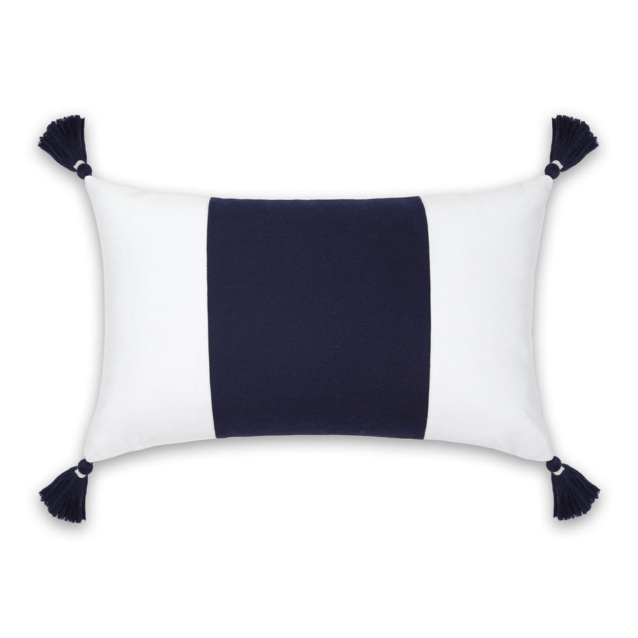 Coastal Outdoor Performance Lumbar Pillow Cover, Color Block with Tassels, Dark Navy Blue, 12