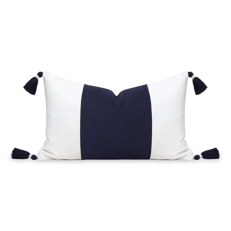 Coastal Outdoor Performance Lumbar Pillow Cover, Color Block with Tassels, Dark Navy Blue, 12