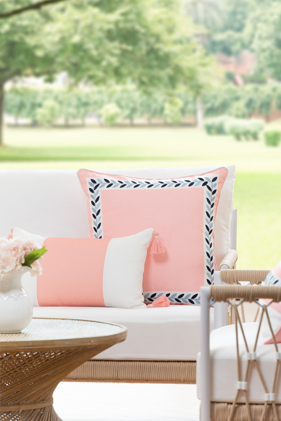 Coastal Indoor Outdoor Lumbar Pillow Cover, Color Block with Tassels, Blush Pink, 12
