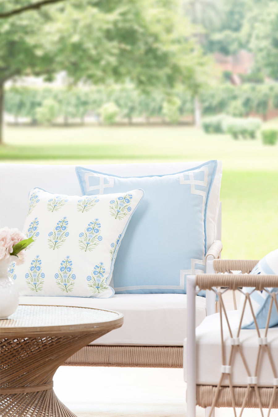 Coastal Indoor Outdoor Throw Pillow Cover, Embroidered Frame Greek Key, Baby Blue, 20