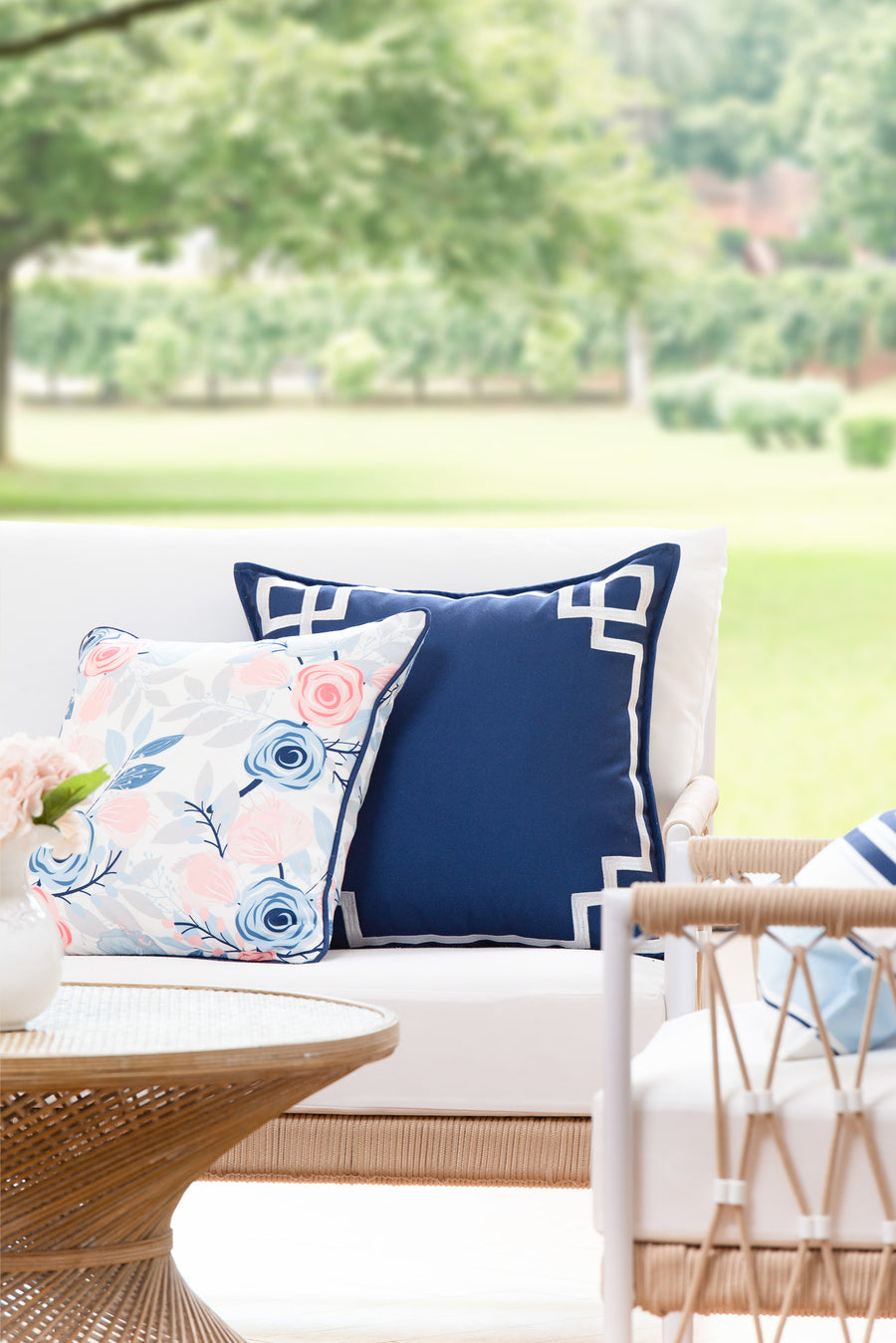 Coastal Indoor Outdoor Throw Pillow Cover, Embroidered Frame Greek Key, Navy Blue, 20