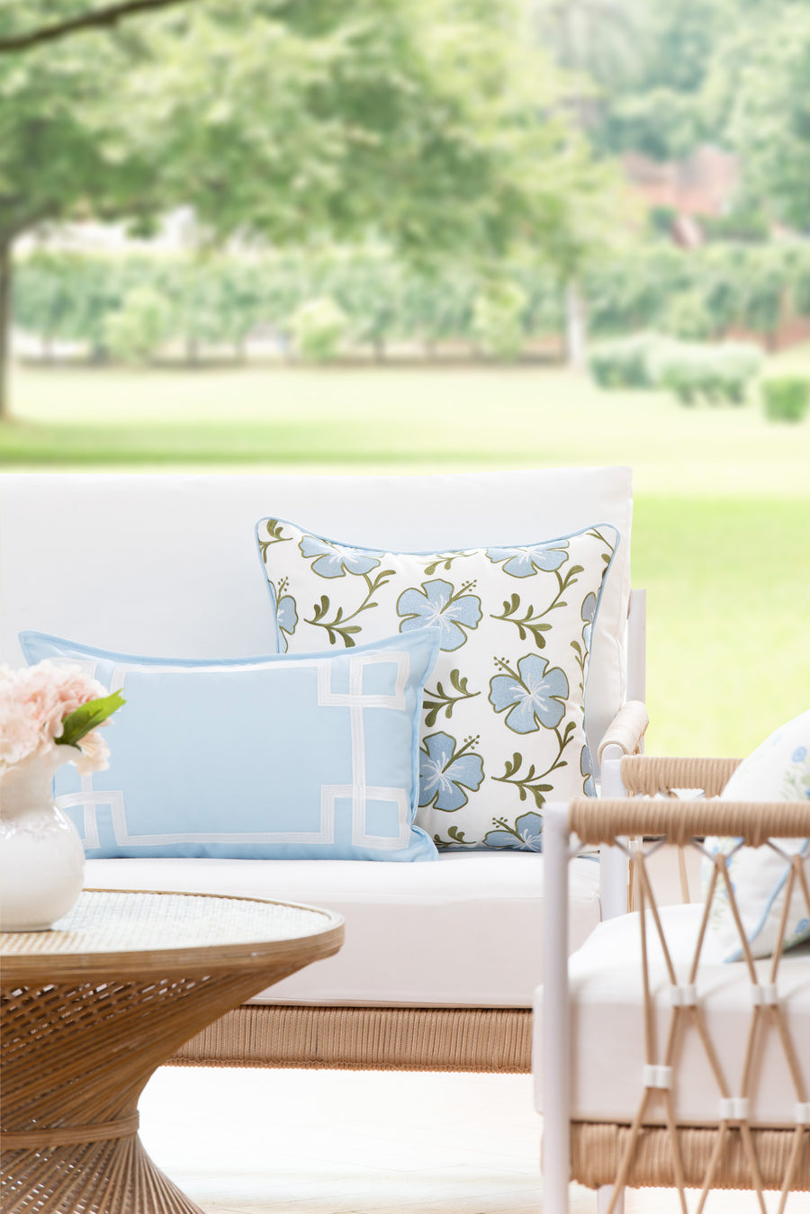 Coastal Indoor Outdoor Lumbar Pillow Cover, Embroidered Frame Greek Key, Baby Blue, 12