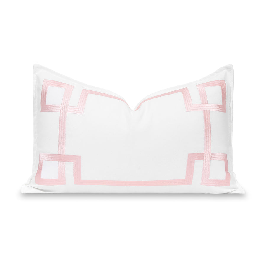 Coastal Indoor Outdoor Lumbar Pillow Cover, Embroidered Frame Greek Key, Blush Pink, 12