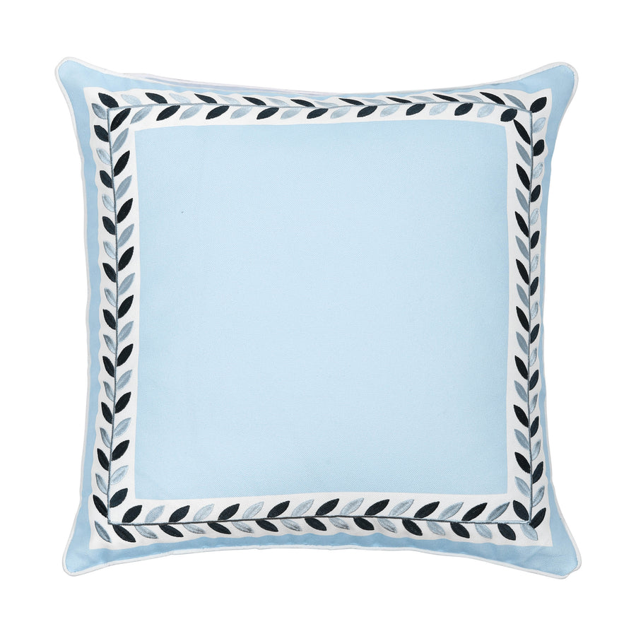 Coastal Indoor Outdoor Throw Pillow Cover, Embroidered Frame Leafs with Piping, Baby Blue, 20