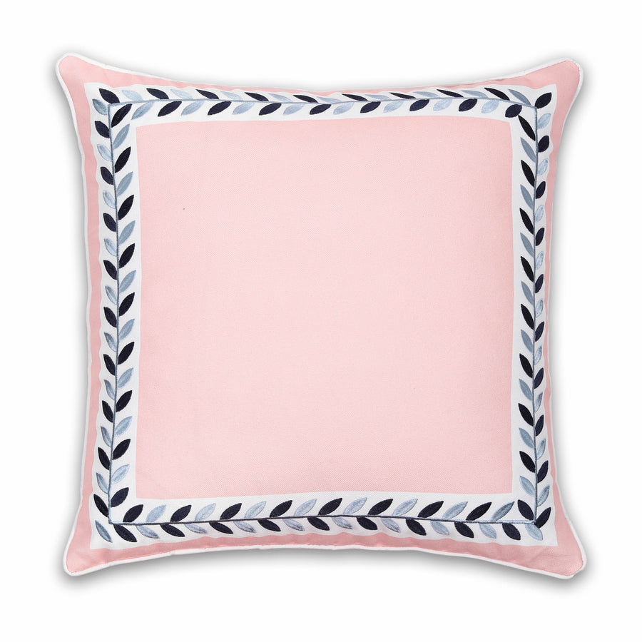 Coastal Indoor Outdoor Throw Pillow Cover, Embroidered Frame Leafs with Piping, Blush Pink, 20