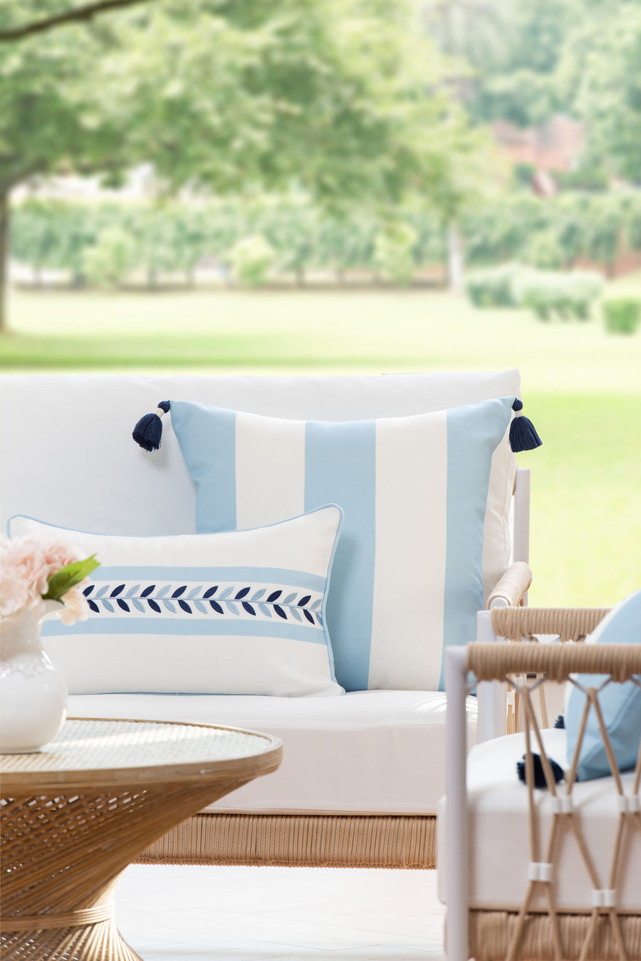 Coastal Indoor Outdoor Lumbar Pillow Cover, Embroidered Frame Leafs with Piping, Baby Blue, 12