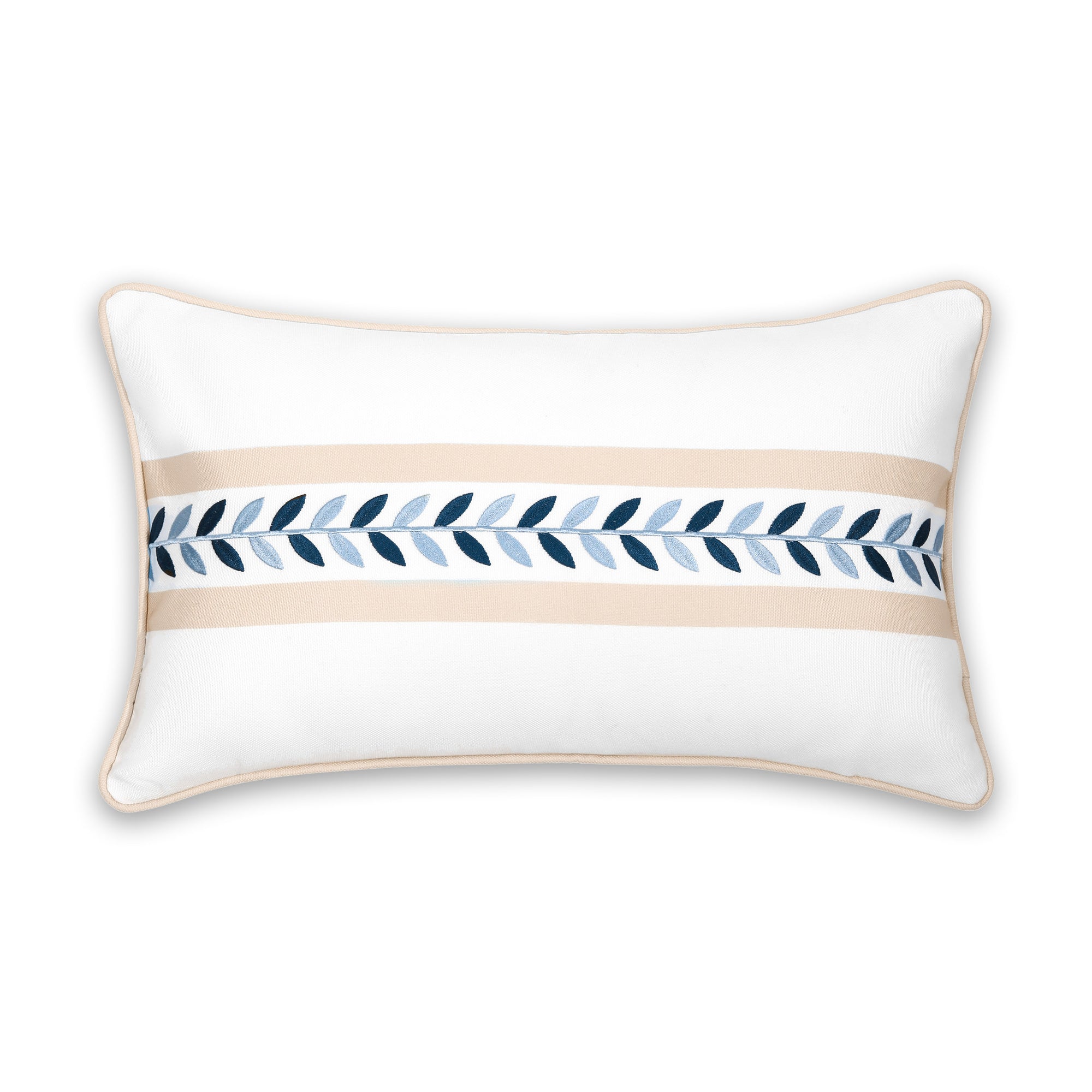 Coastal Indoor Outdoor Lumbar Pillow Cover, Embroidered Frame Leafs with Piping, Neutral Tan, 12&quot;x20&quot;