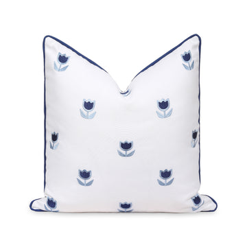 Coastal Indoor Outdoor Throw Pillow Cover, Embroidered Tulips Floral with Piping, Navy Blue, 20