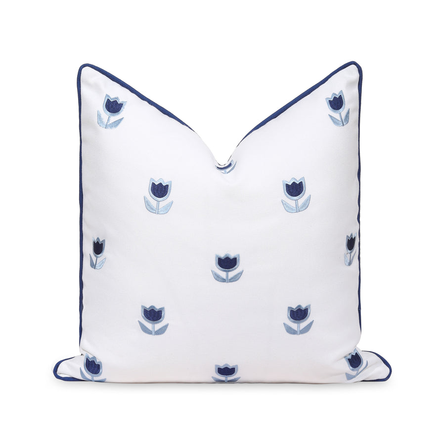 Coastal Indoor Outdoor Throw Pillow Cover, Embroidered Tulips Floral with Piping, Navy Blue, 20