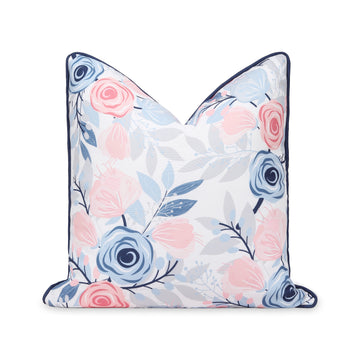 Coastal Indoor Outdoor Throw Pillow Cover, Tulips Floral with Piping, Baby Blue Blush Pink, 18