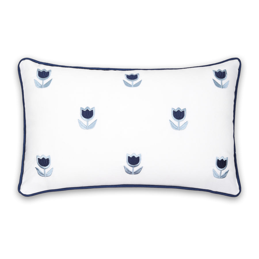 Coastal Indoor Outdoor Lumbar Pillow Cover, Embroidered Tulips Floral with Piping, Navy Blue, 12