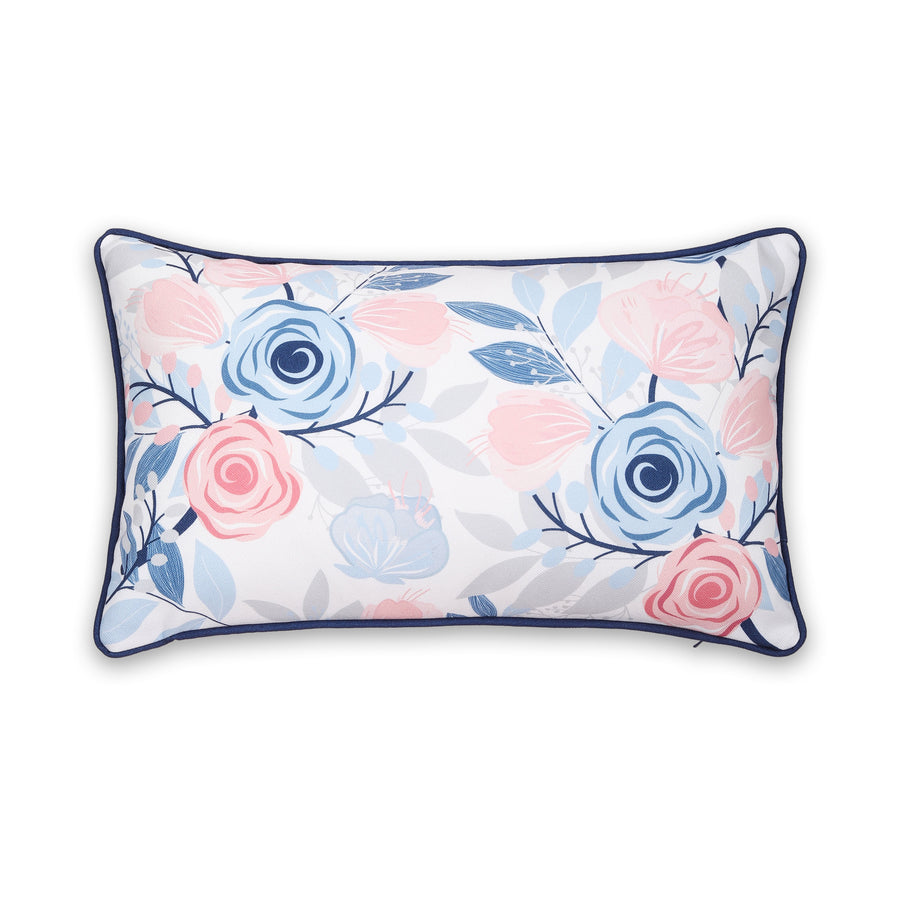Coastal Indoor Outdoor Lumbar Pillow Cover, Tulips Floral with Piping, Baby Blue Blush Pink, 12