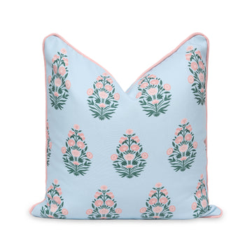 Coastal Indoor Outdoor Throw Pillow Cover, Floral with Piping, Baby Blue Blush Pink, 18