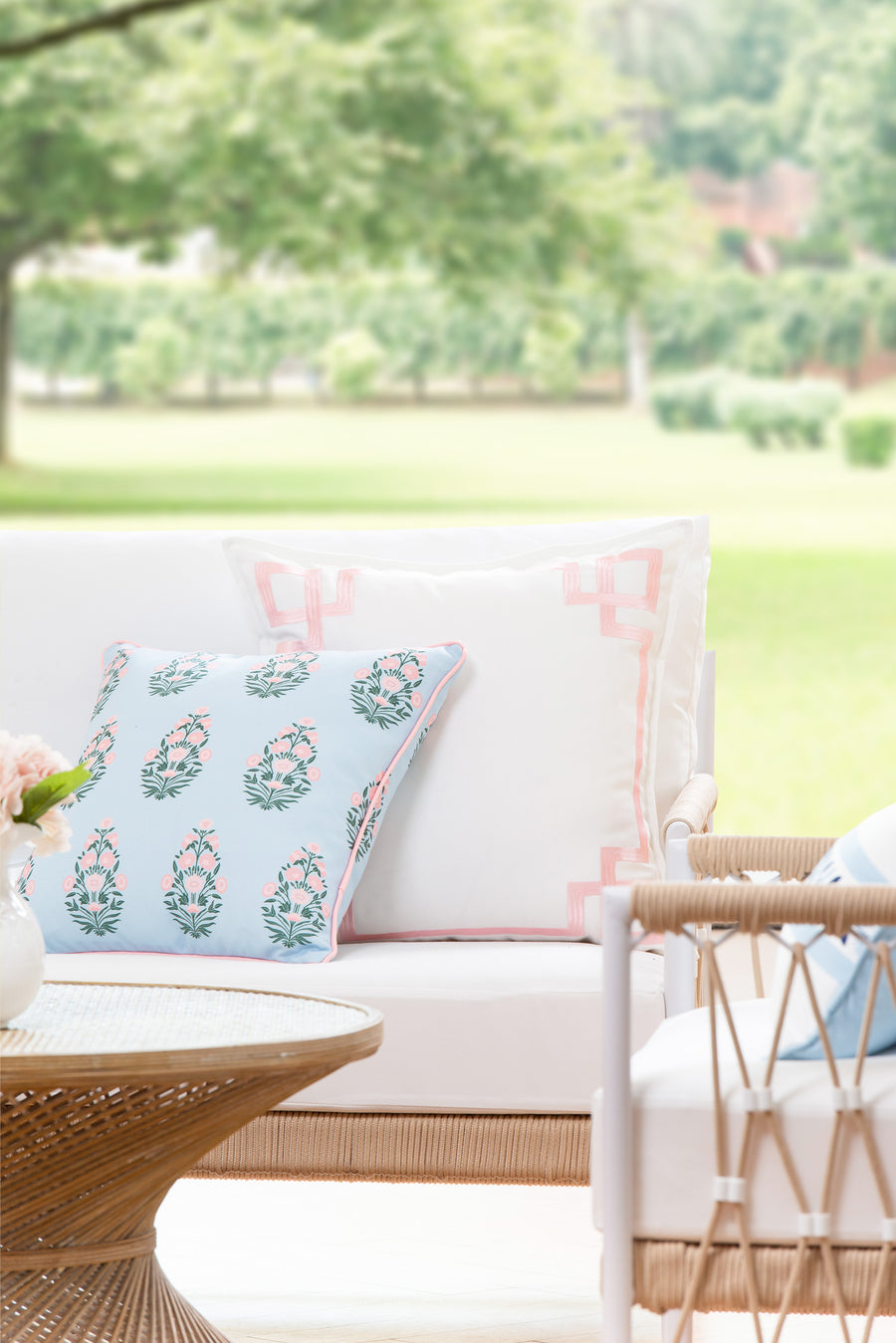 Coastal Indoor Outdoor Throw Pillow Cover, Floral with Piping, Baby Blue Blush Pink, 18