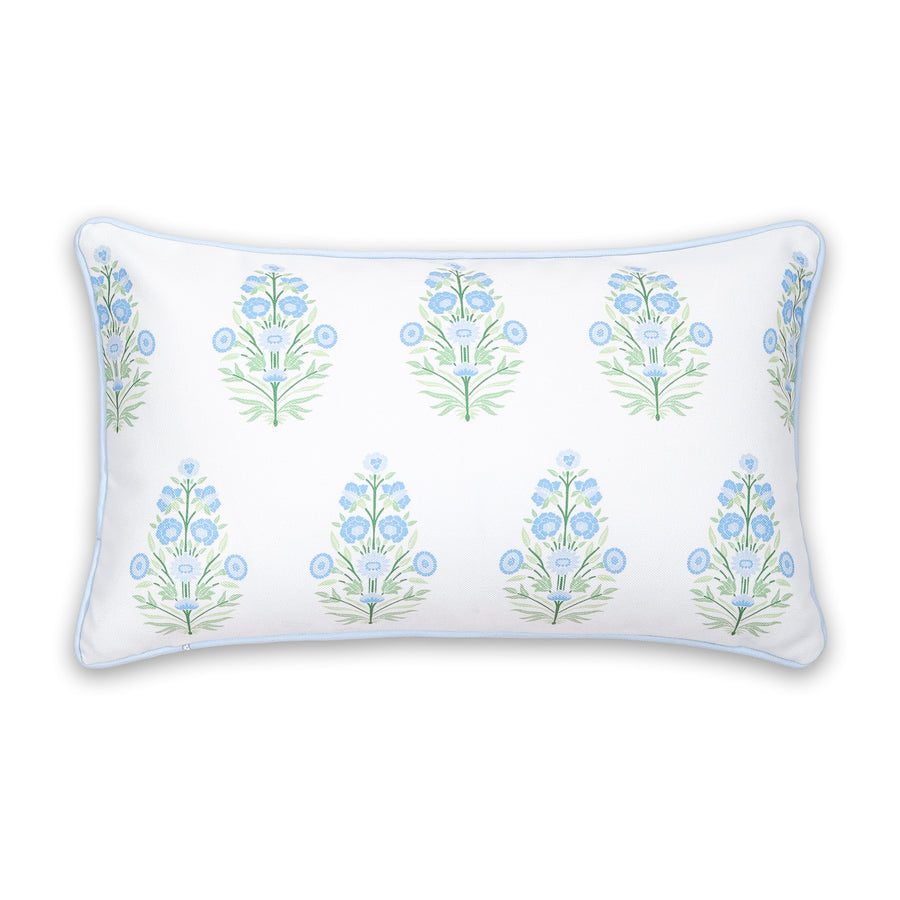 Coastal Indoor Outdoor Lumbar Pillow Cover, Floral with Piping, Baby Blue Green, 12