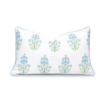 Coastal Indoor Outdoor Lumbar Pillow Cover, Floral with Piping, Baby Blue Green, 12
