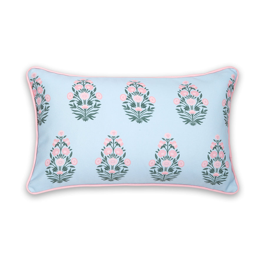 Coastal Indoor Outdoor Lumbar Pillow Cover, Floral with Piping, Baby Blue Blush Pink, 12