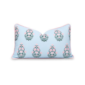 Coastal Indoor Outdoor Lumbar Pillow Cover, Floral with Piping, Baby Blue Blush Pink, 12