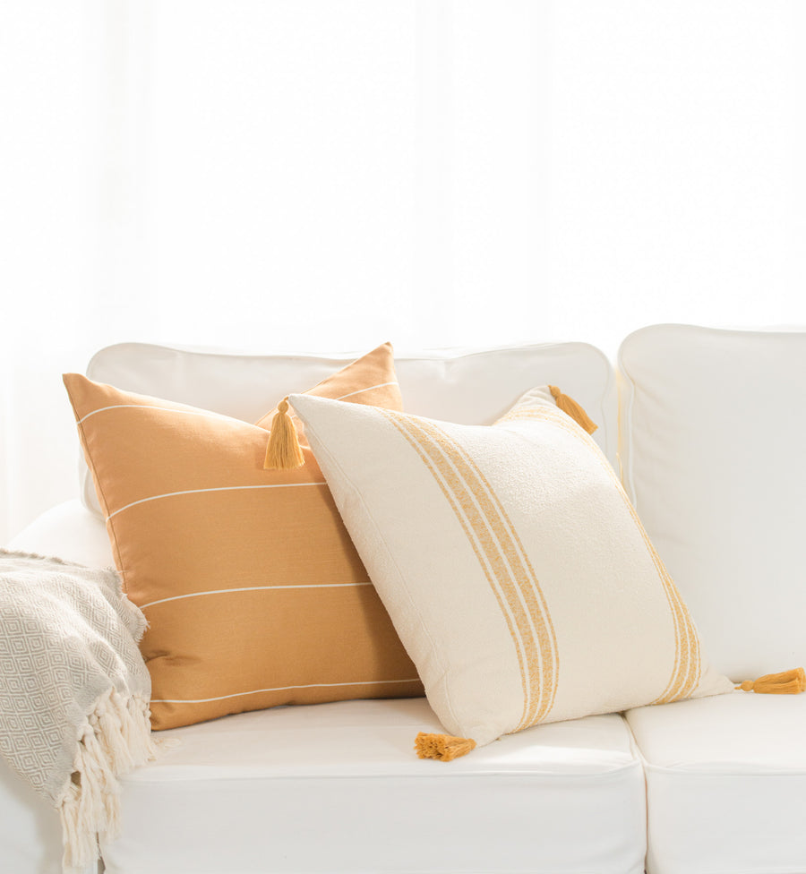 Modern Boho Moroccan Throw Pillow Cover, Golden Yellow Striped Tassels, 20
