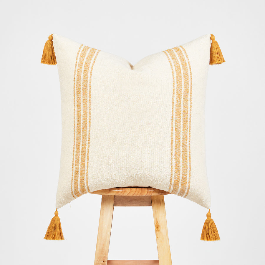 Modern Boho Moroccan Throw Pillow Cover, Golden Yellow Striped Tassels, 20