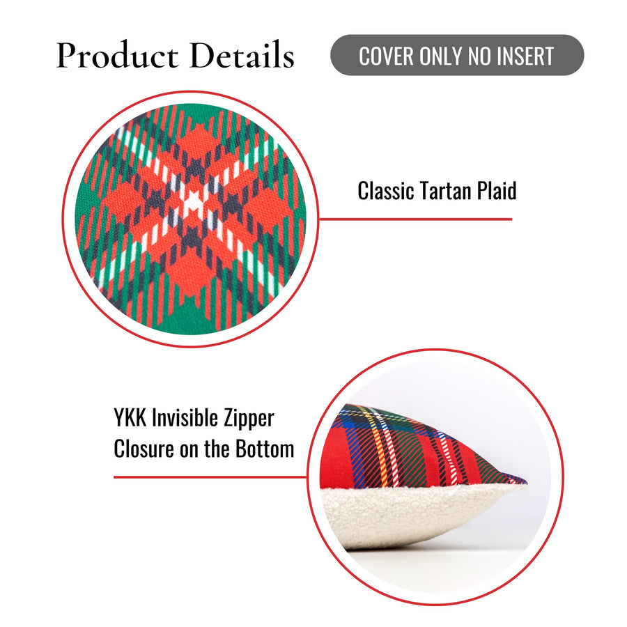 Christmas Throw Pillow Cover, Scottish Tartan Plaid with Sherpa Back, Red, 20