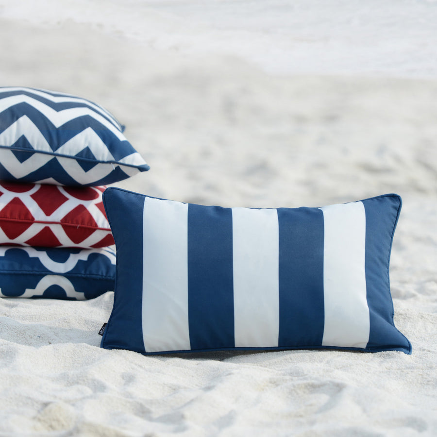 Navy Blue Outdoor Lumbar Pillow Cover, Stripes, 12