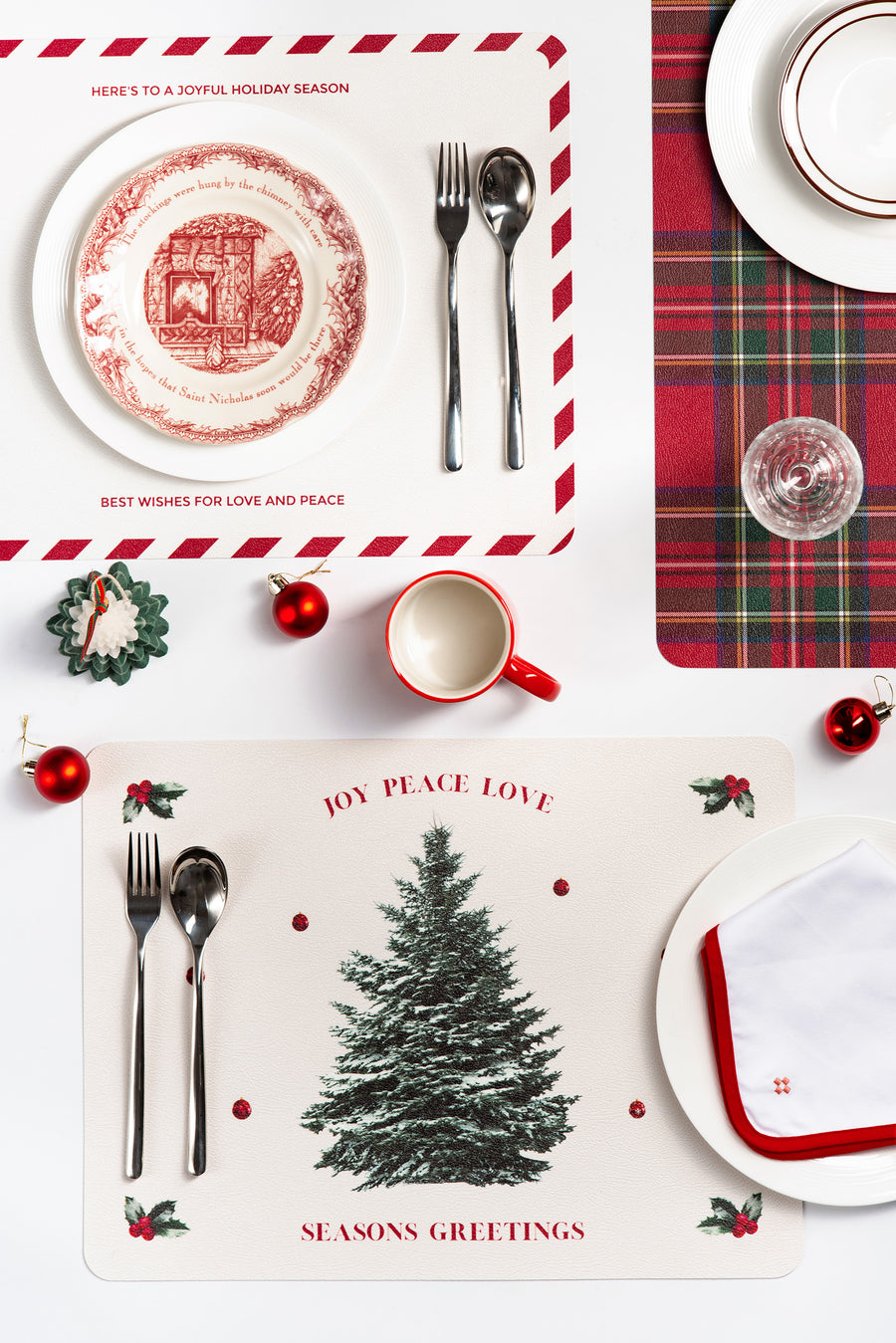 Christmas Vegan Leather Placemat, Stewart Plaid, Red, 14