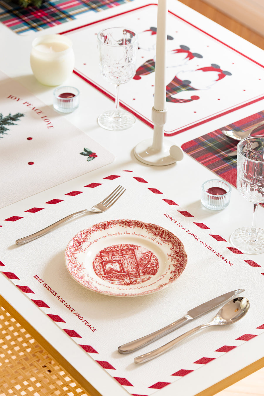 Christmas Vegan Leather Placemat, Candy Cane Border, Red, 14