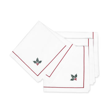 Christmas Napkin, Embroidered Holly, Red Green, 20