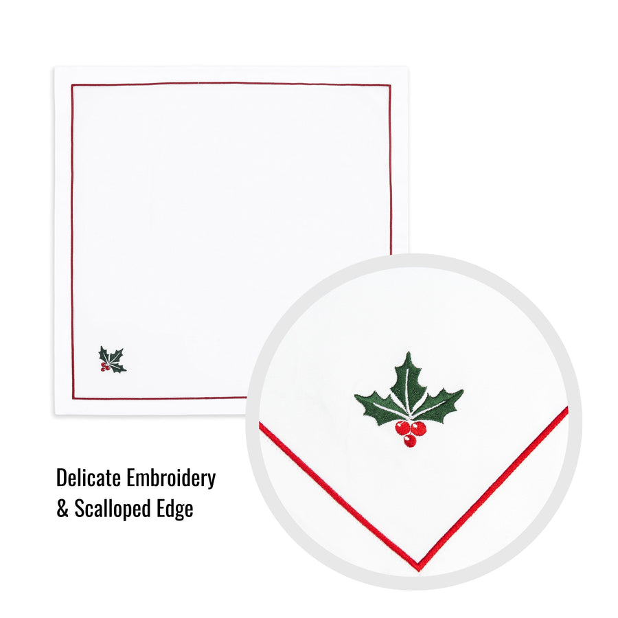 Christmas Napkin, Embroidered Holly, Red Green, 20