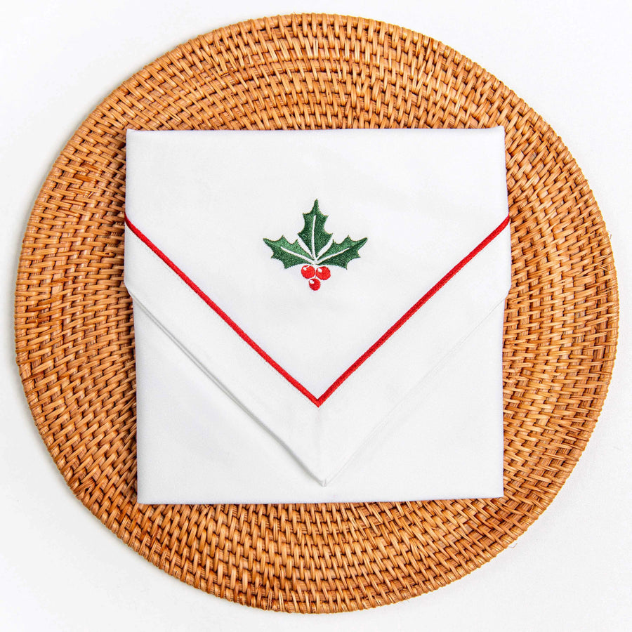 Christmas Napkin, Embroidered Holly, Red Green, 20