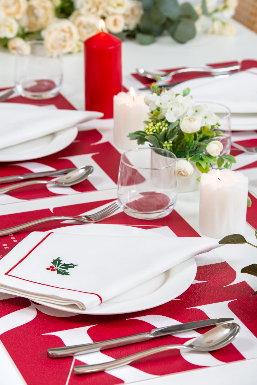Christmas Vegan Leather Placemat, Merry , Red, 14