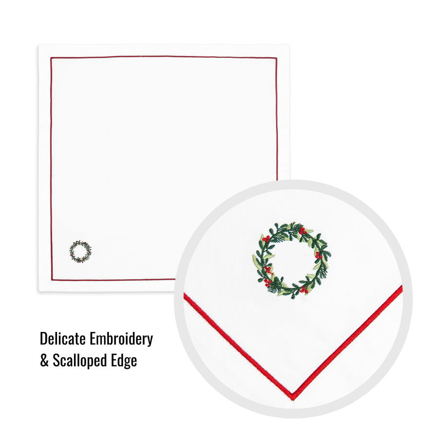 Christmas Napkin, Embroidered Wreath, Red Green, 20