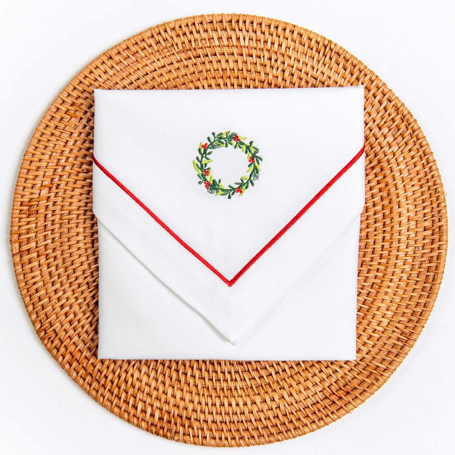 Christmas Napkin, Embroidered Wreath, Red Green, 20