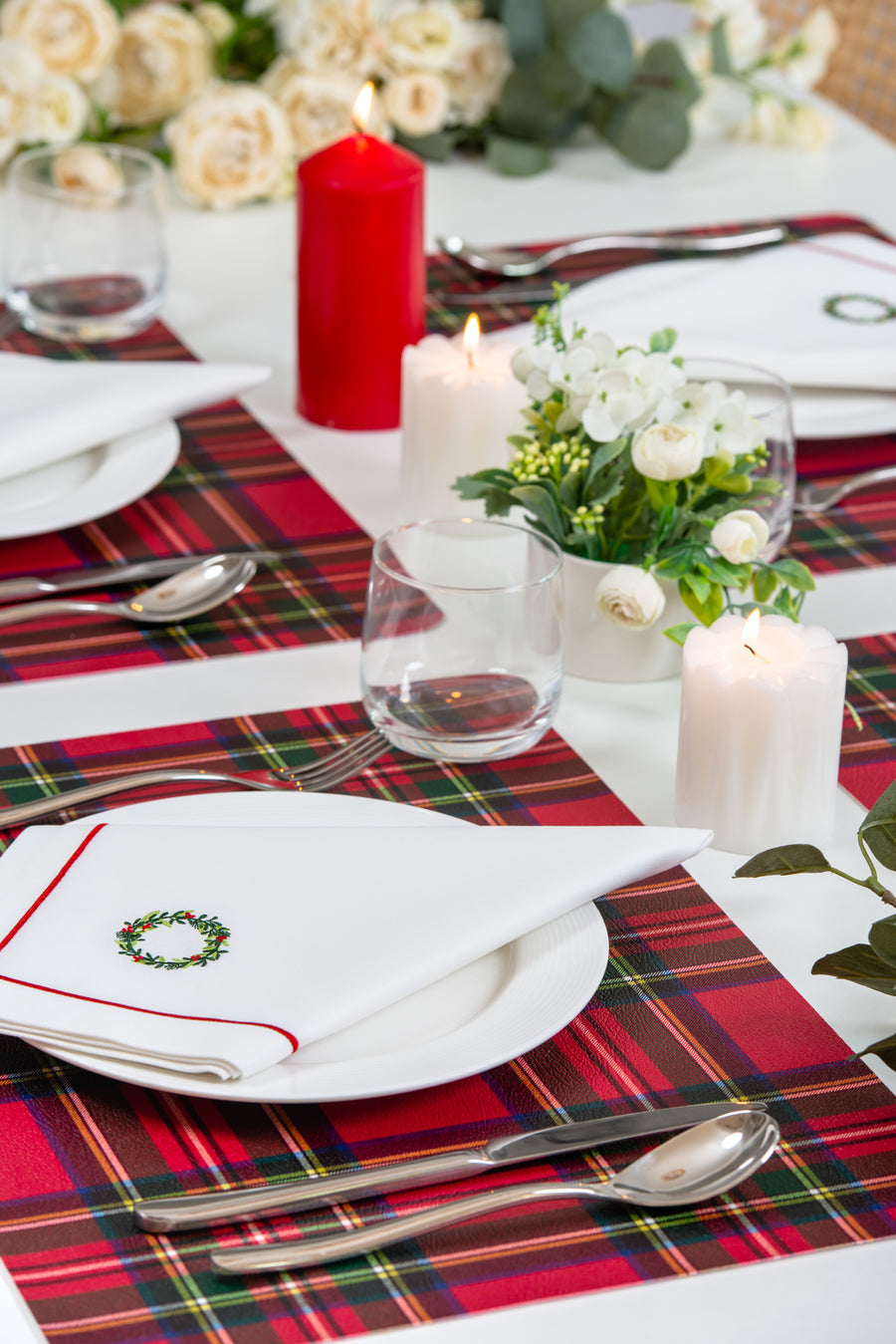 Christmas Vegan Leather Placemat, Stewart Plaid, Red, 14