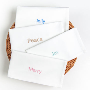 Coastal Christmas Napkin, Embroidered Peace Joy Merry Jolly, 20